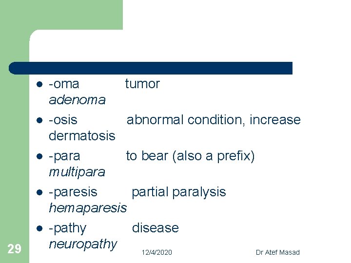 l l l 29 -oma tumor adenoma -osis abnormal condition, increase dermatosis -para to