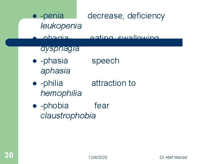 l l l 30 -penia decrease, deficiency leukopenia -phagia eating, swallowing dysphagia -phasia speech