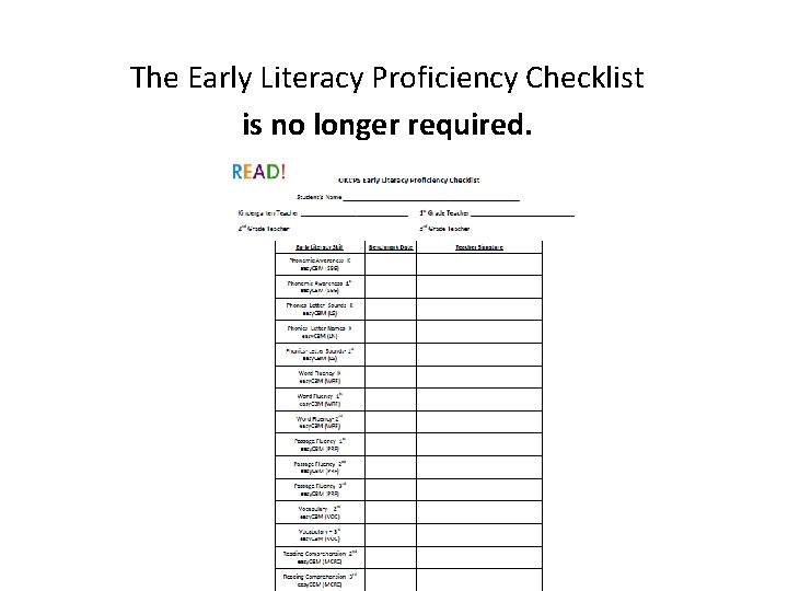 The Early Literacy Proficiency Checklist is no longer required. 