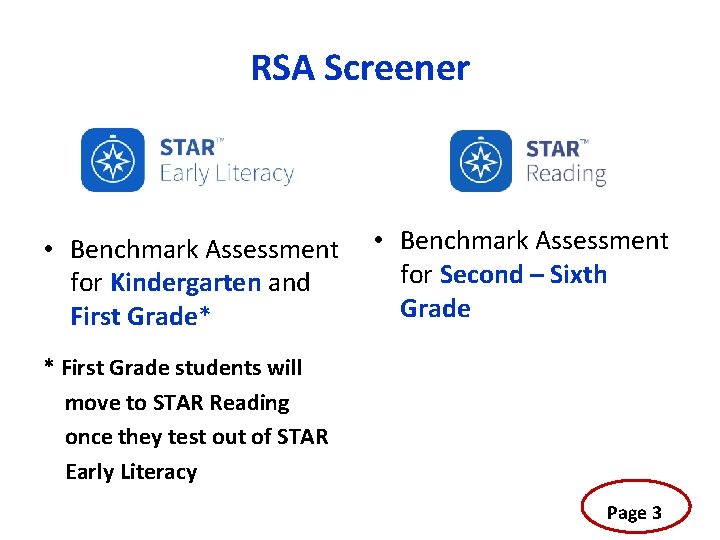 RSA Screener • Benchmark Assessment for Second – Sixth for Kindergarten and Grade First