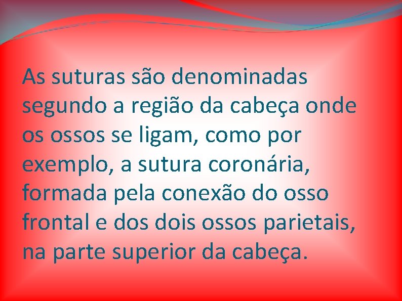 As suturas são denominadas segundo a região da cabeça onde os ossos se ligam,