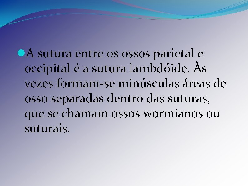  A sutura entre os ossos parietal e occipital é a sutura lambdóide. Às