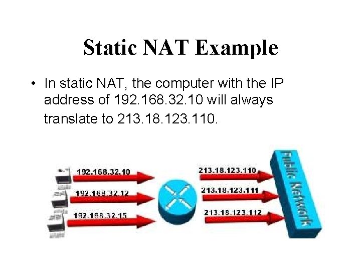 Static NAT Example • In static NAT, the computer with the IP address of