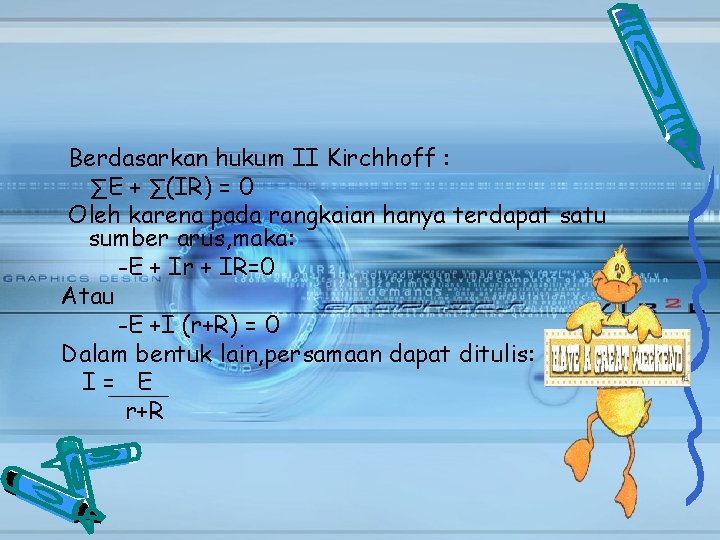 Berdasarkan hukum II Kirchhoff : ∑E + ∑(IR) = 0 Oleh karena pada rangkaian Berdasarkan hukum II Kirchhoff : ∑E + ∑(IR) = 0 Oleh karena pada rangkaian