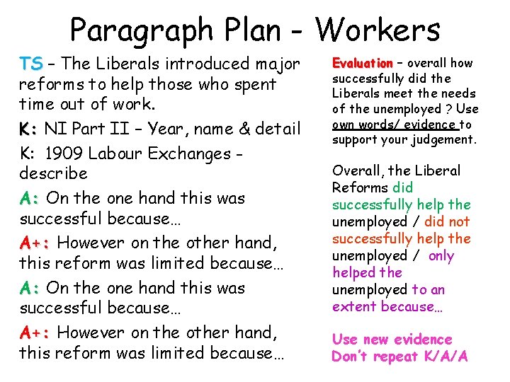 Paragraph Plan - Workers TS – The Liberals introduced major reforms to help those
