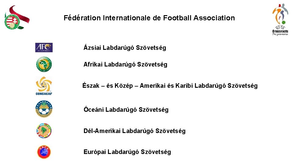 Fédération Internationale de Football Association Szövetség Ázsiai Labdarúgó Szövetség Afrikai Labdarúgó Szövetség Észak –