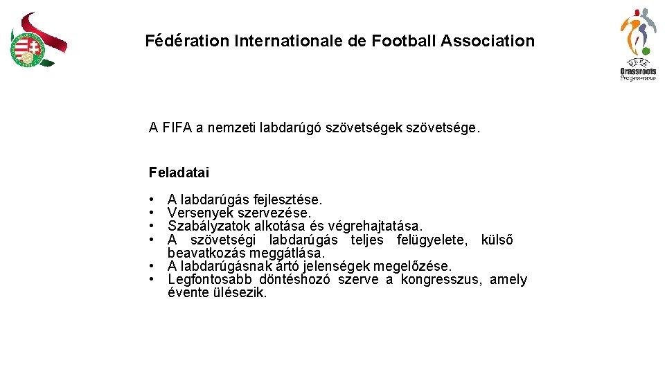 Fédération Internationale de Football Association A FIFA a nemzeti labdarúgó szövetségek szövetsége. Feladatai •