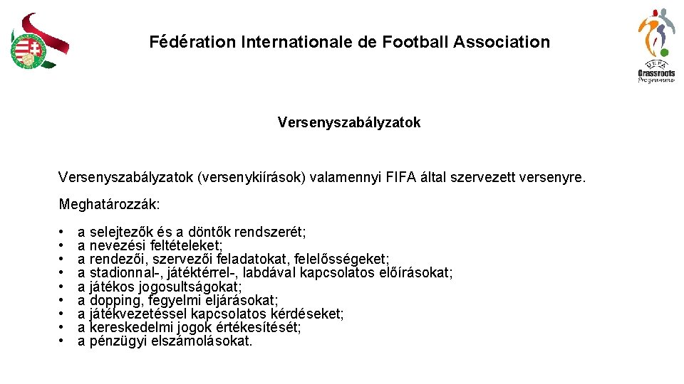 Fédération Internationale de Football Association Versenyszabályzatok (versenykiírások) valamennyi FIFA által szervezett versenyre. Meghatározzák: •