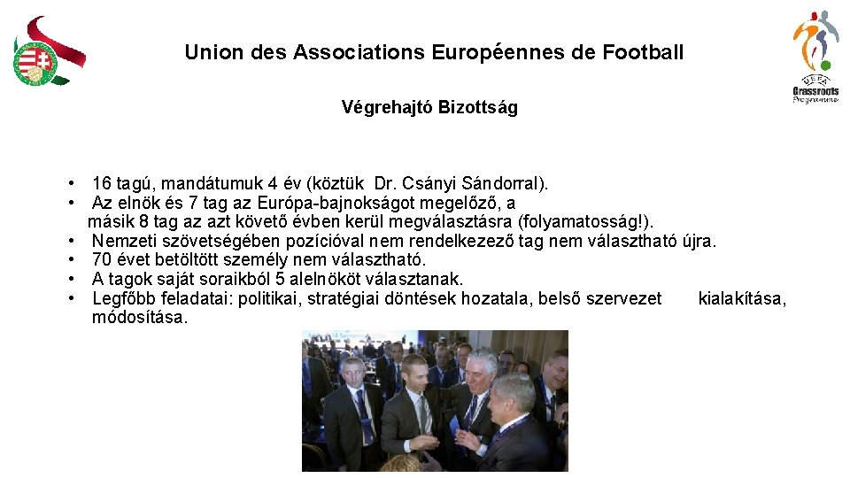 Union des Associations Européennes de Football Végrehajtó Bizottság • 16 tagú, mandátumuk 4 év