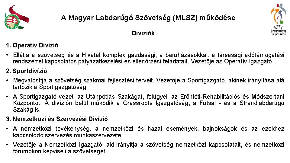 A Magyar Labdarúgó Szövetség (MLSZ) működése Divíziók 1. Operatív Divízió • Ellátja a szövetség