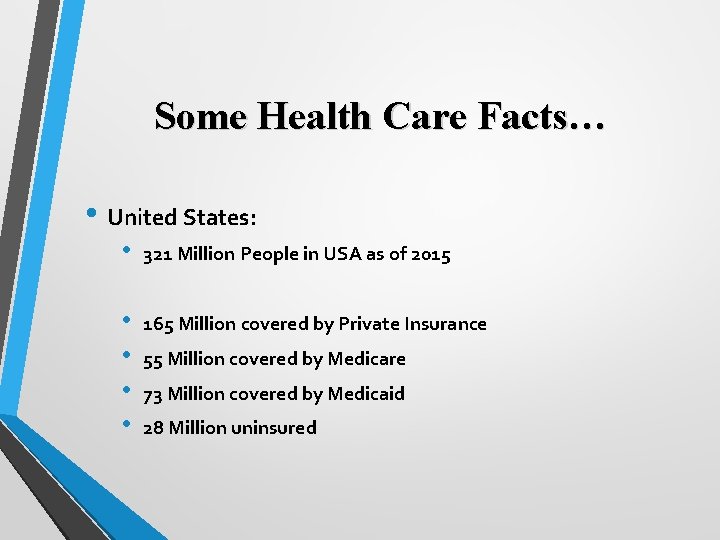 Some Health Care Facts… • United States: • 321 Million People in USA as