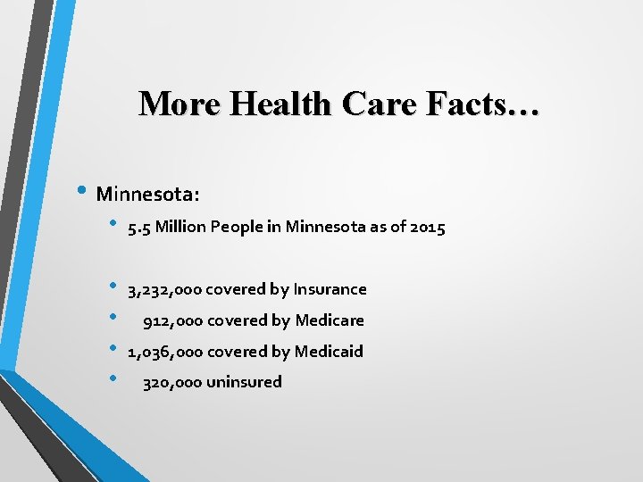 More Health Care Facts… • Minnesota: • 5. 5 Million People in Minnesota as