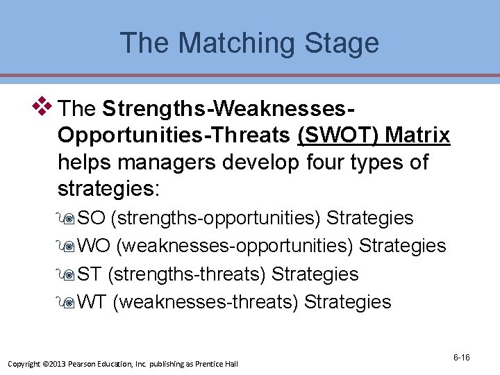 The Matching Stage v The Strengths-Weaknesses. Opportunities-Threats (SWOT) Matrix helps managers develop four types