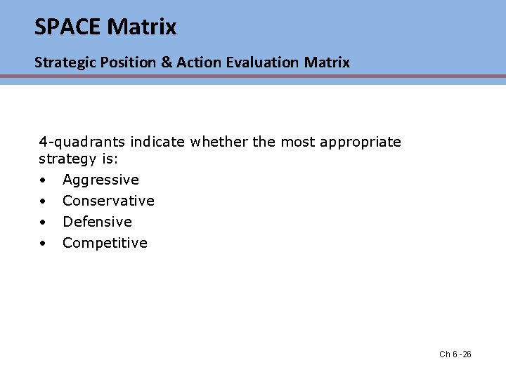 SPACE Matrix Strategic Position & Action Evaluation Matrix 4 -quadrants indicate whether the most