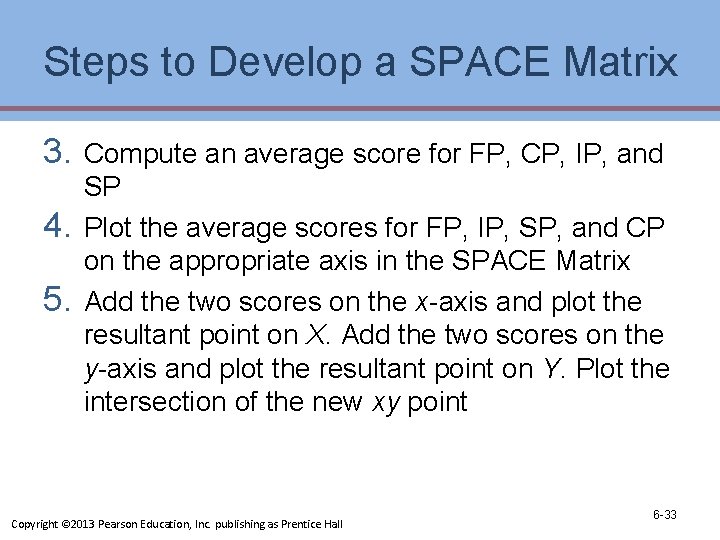 Steps to Develop a SPACE Matrix 3. 4. 5. Compute an average score for