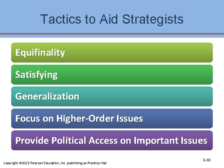 Tactics to Aid Strategists Equifinality Satisfying Generalization Focus on Higher-Order Issues Provide Political Access