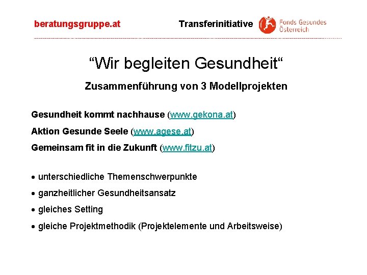 beratungsgruppe. at Transferinitiative ---------------------------------------------------------------------------------------------------------------------------------------------------------------------------------------------------------------------------- “Wir begleiten Gesundheit“ Zusammenführung von 3 Modellprojekten Gesundheit kommt nachhause