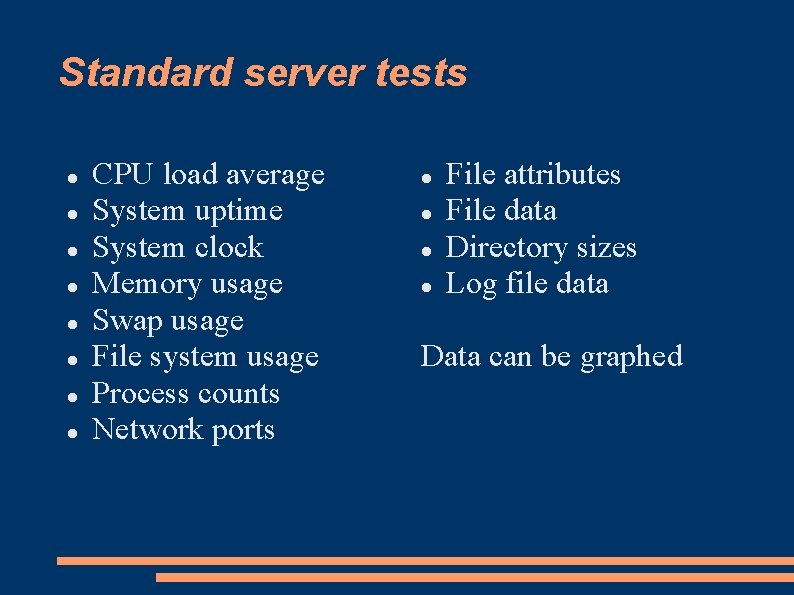 Standard server tests CPU load average System uptime System clock Memory usage Swap usage