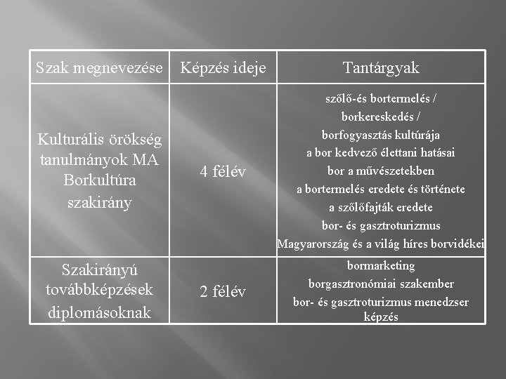 Szak megnevezése Kulturális örökség tanulmányok MA Borkultúra szakirány Szakirányú továbbképzések diplomásoknak Képzés ideje Tantárgyak