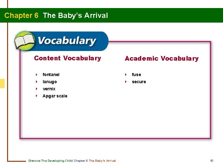 Chapter 6 The Baby’s Arrival Content Vocabulary Academic Vocabulary fontanel fuse lanugo secure vernix