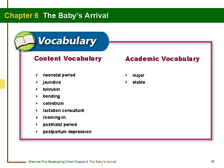 Chapter 6 The Baby’s Arrival Content Vocabulary Academic Vocabulary neonatal period major jaundice stable