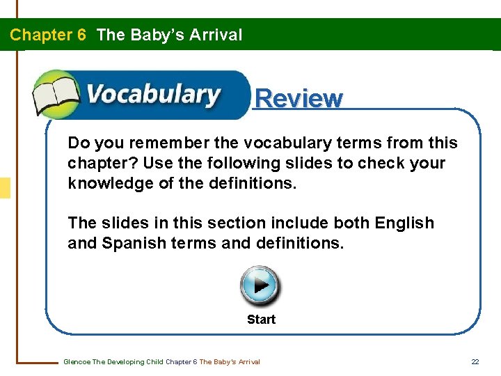 Chapter 6 The Baby’s Arrival Review Do you remember the vocabulary terms from this