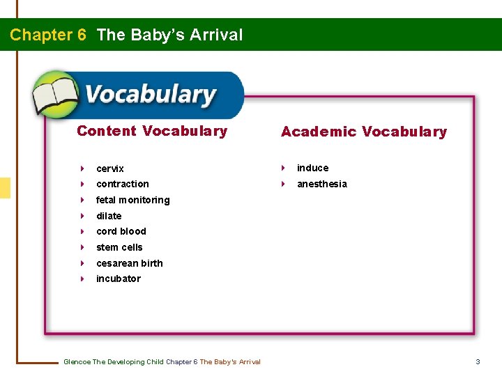 Chapter 6 The Baby’s Arrival Content Vocabulary Academic Vocabulary cervix induce contraction anesthesia fetal