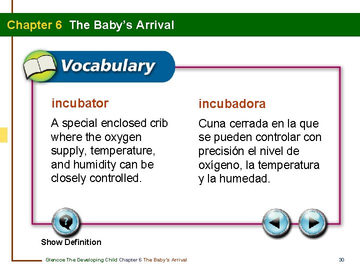 Chapter 6 The Baby’s Arrival incubator incubadora A special enclosed crib where the oxygen