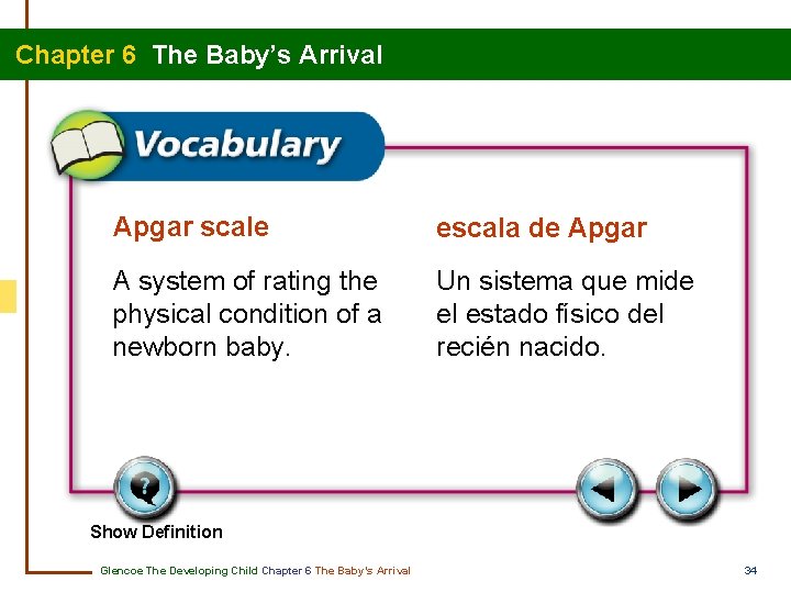 Chapter 6 The Baby’s Arrival Apgar scale escala de Apgar A system of rating