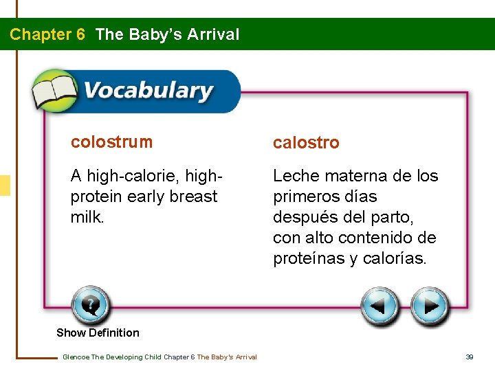 Chapter 6 The Baby’s Arrival colostrum calostro A high-calorie, highprotein early breast milk. Leche