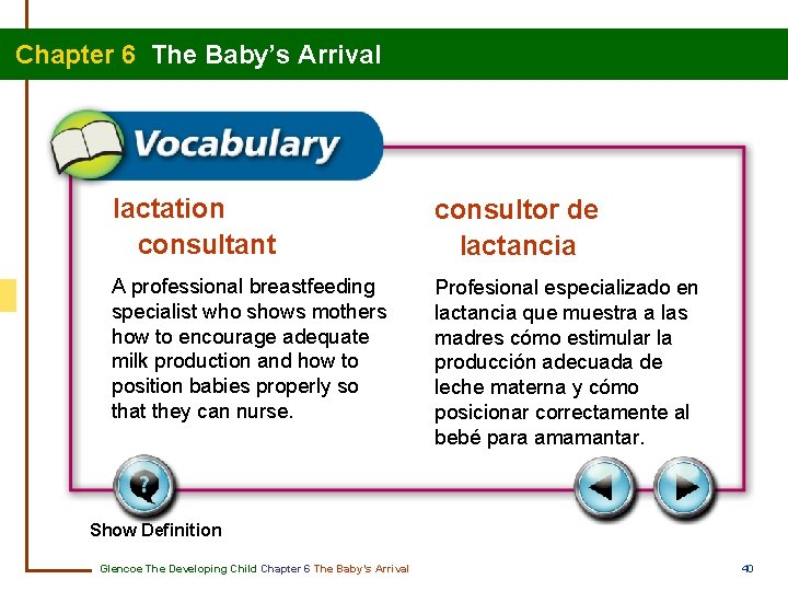 Chapter 6 The Baby’s Arrival lactation consultant consultor de lactancia A professional breastfeeding specialist