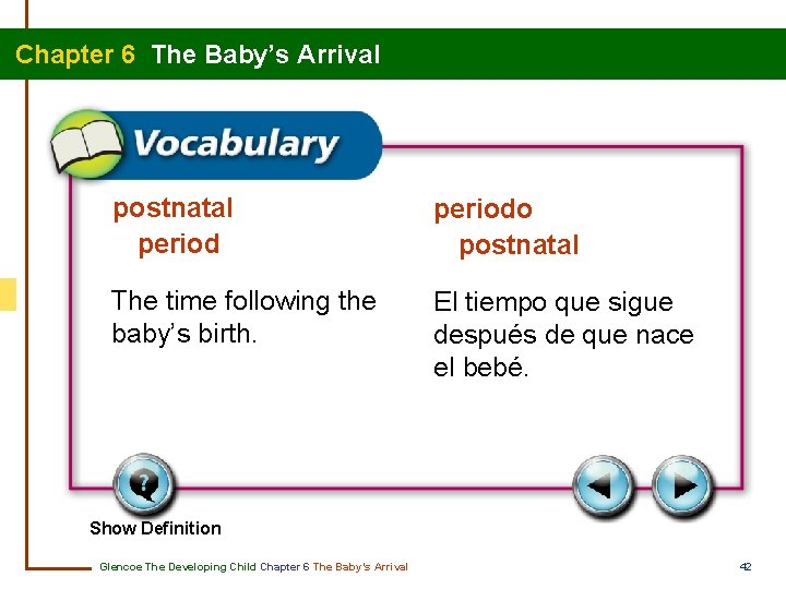 Chapter 6 The Baby’s Arrival postnatal periodo postnatal The time following the baby’s birth.