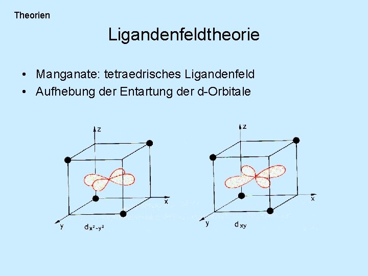 Theorien Ligandenfeldtheorie • Manganate: tetraedrisches Ligandenfeld • Aufhebung der Entartung der d-Orbitale 