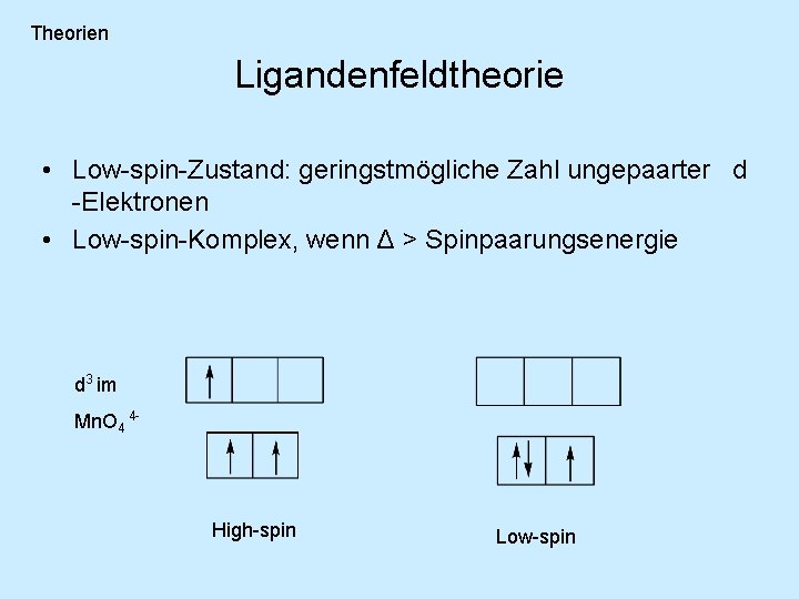 Theorien Ligandenfeldtheorie • Low-spin-Zustand: geringstmögliche Zahl ungepaarter d -Elektronen • Low-spin-Komplex, wenn Δ >