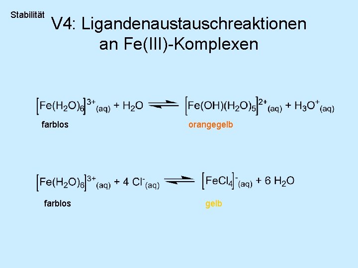 Stabilität V 4: Ligandenaustauschreaktionen an Fe(III)-Komplexen farblos orangegelb 