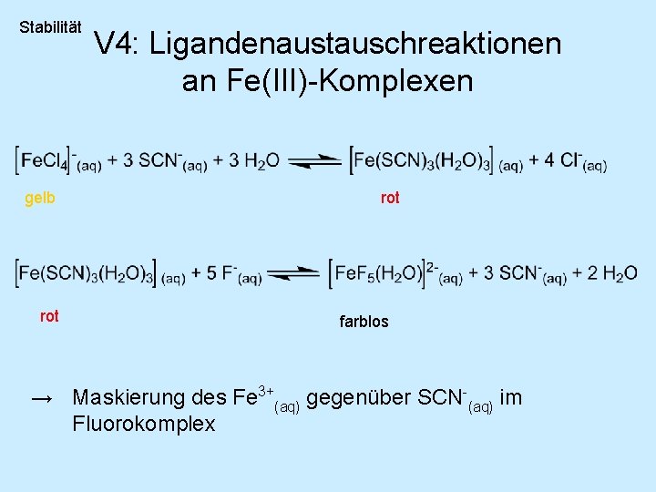 Stabilität gelb rot V 4: Ligandenaustauschreaktionen an Fe(III)-Komplexen rot farblos → Maskierung des Fe