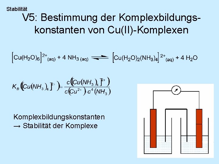 Stabilität V 5: Bestimmung der Komplexbildungskonstanten von Cu(II)-Komplexen Komplexbildungskonstanten → Stabilität der Komplexe 