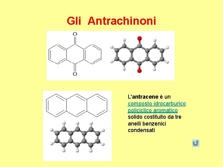 Gli Antrachinoni L'antracene è un composto idrocarburico policiclico aromatico solido costituito da tre anelli