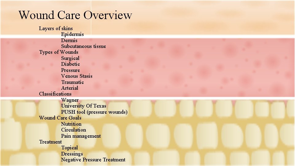 Wound Care Overview Layers of skins Epidermis Dermis Subcutaneous tissue Types of Wounds Surgical