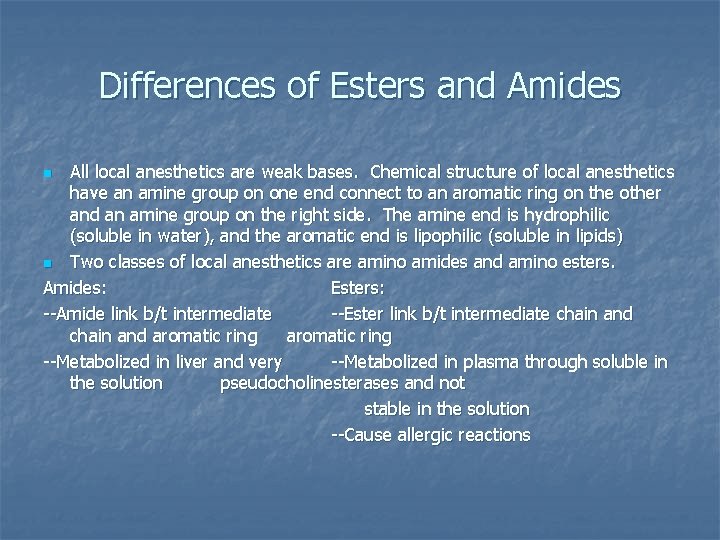 Differences of Esters and Amides All local anesthetics are weak bases. Chemical structure of