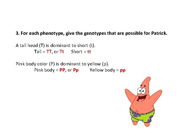 3. For each phenotype, give the genotypes that are possible for Patrick. A tall