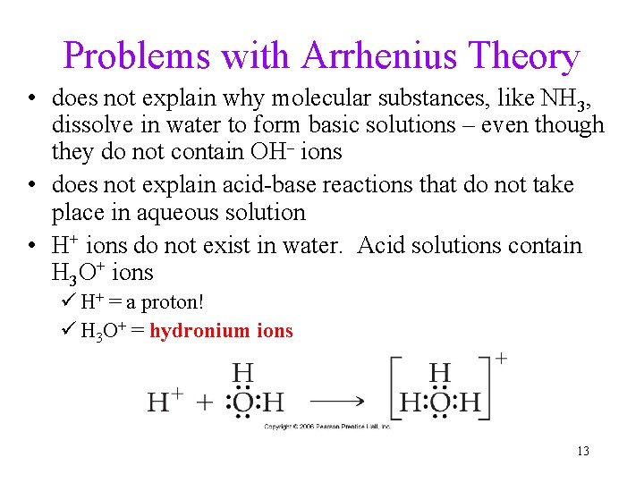 Problems with Arrhenius Theory • does not explain why molecular substances, like NH 3,