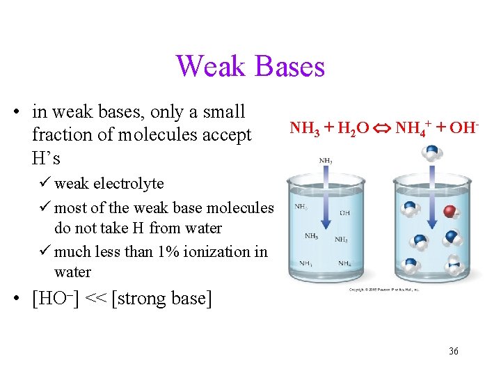 Weak Bases • in weak bases, only a small fraction of molecules accept H’s