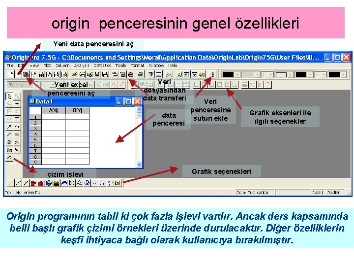 origin penceresinin genel özellikleri Yeni data penceresini aç Yeni excel penceresini aç Veri dosyasından