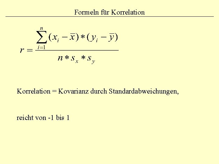 Formeln für Korrelation = Kovarianz durch Standardabweichungen, reicht von -1 bis 1 