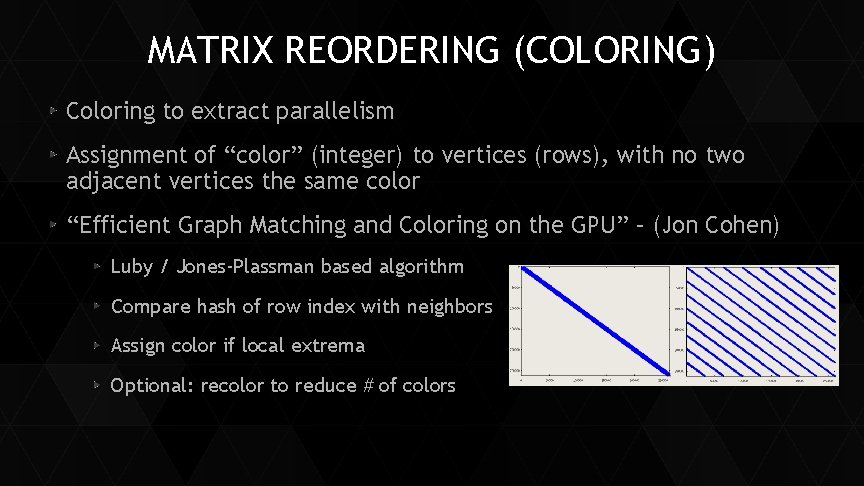 MATRIX REORDERING (COLORING) Coloring to extract parallelism Assignment of “color” (integer) to vertices (rows),