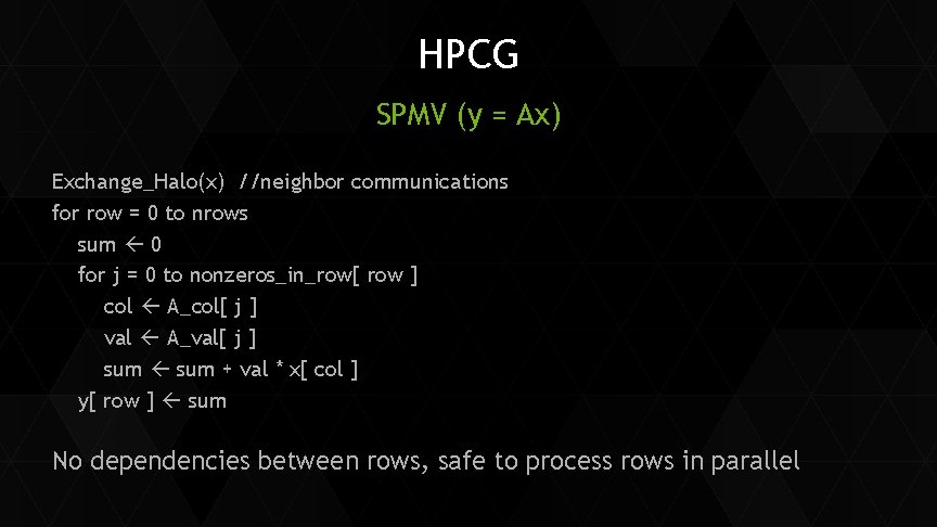 HPCG SPMV (y = Ax) Exchange_Halo(x) //neighbor communications for row = 0 to nrows