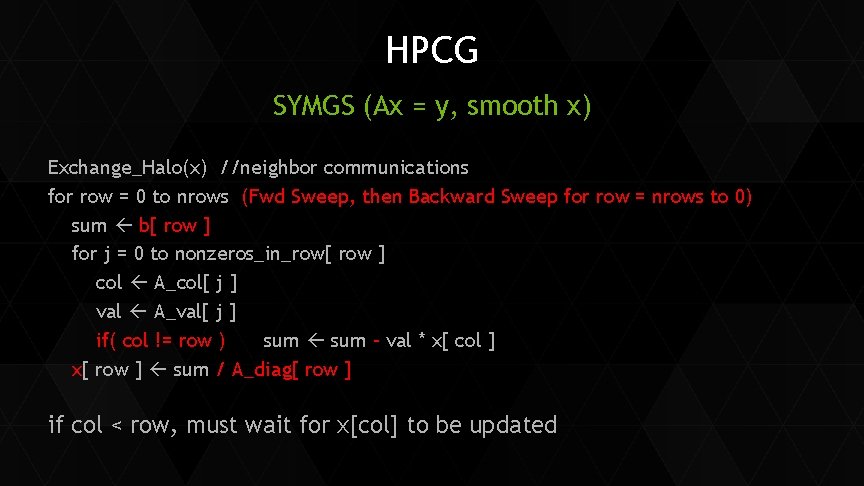 HPCG SYMGS (Ax = y, smooth x) Exchange_Halo(x) //neighbor communications for row = 0