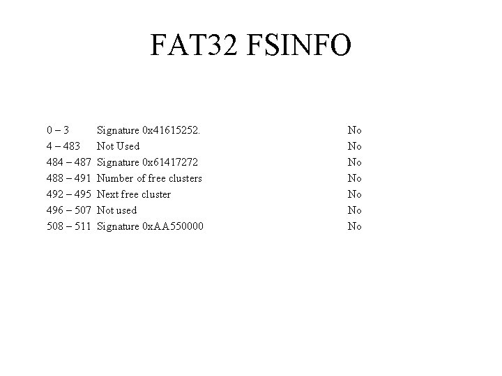 FAT 32 FSINFO 0– 3 4 – 483 484 – 487 488 – 491 FAT 32 FSINFO 0– 3 4 – 483 484 – 487 488 – 491