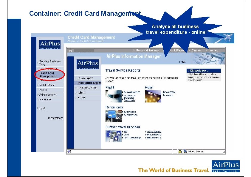 Container: Credit Card Management Analyse all business travel expenditure - online! 